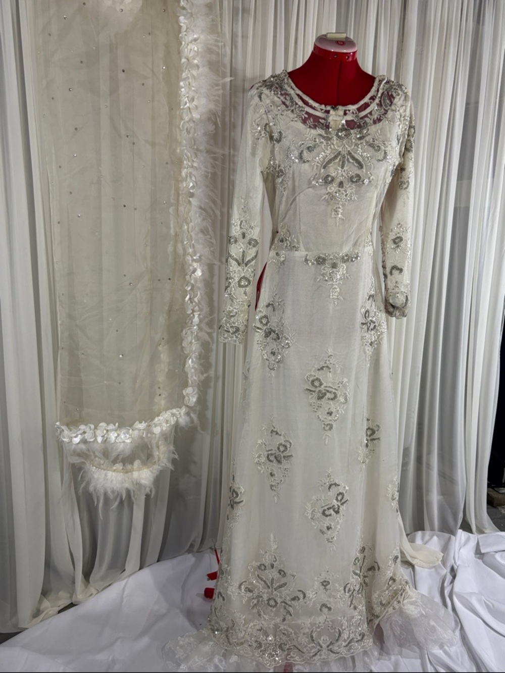 Elegant Ivory Beaded Long-Sleeve Evening Dress